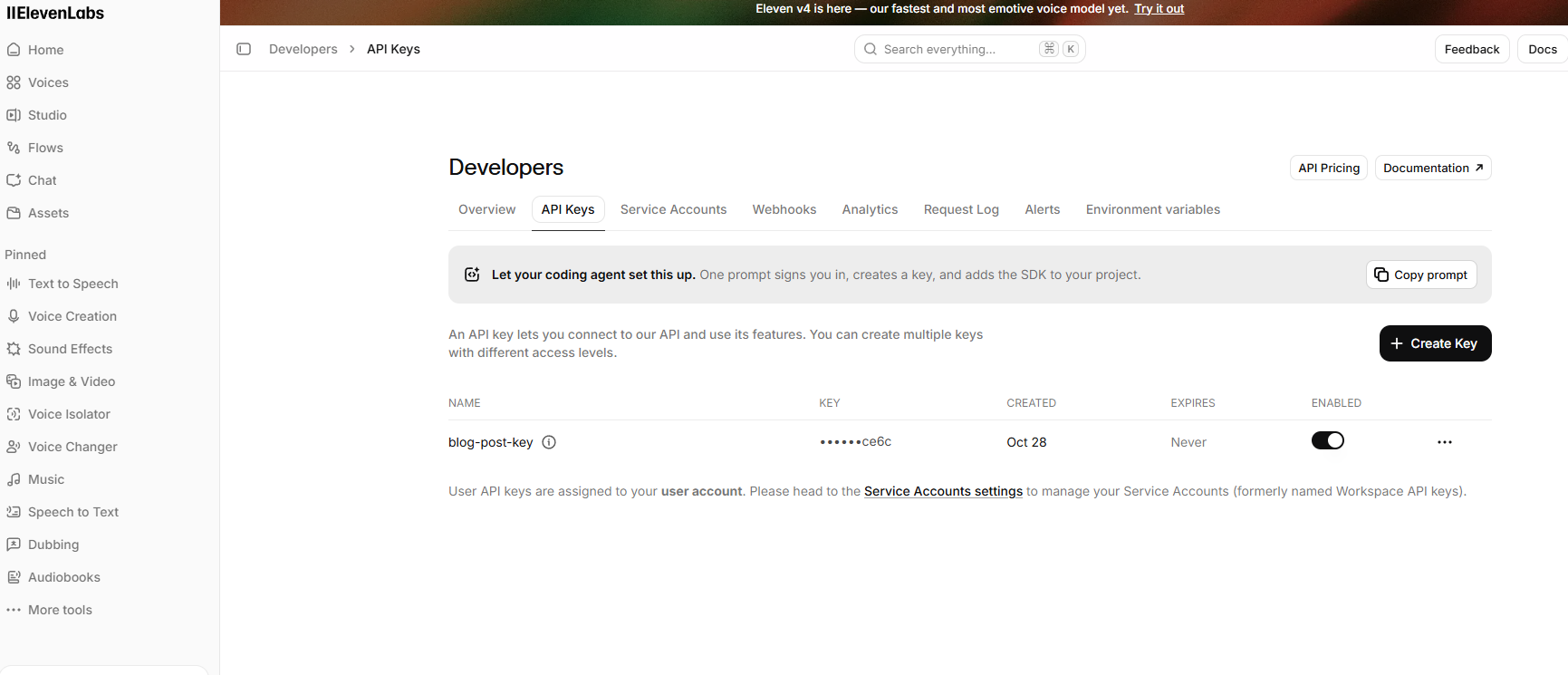 The API Keys page in ElevenLabs, with the key masked