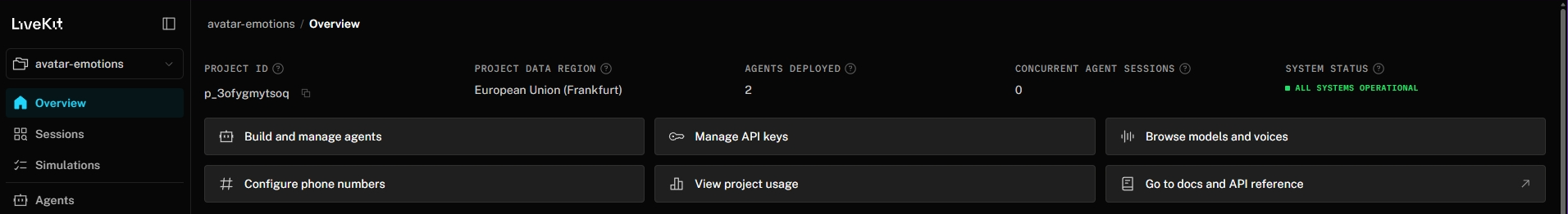 The LiveKit Cloud project overview