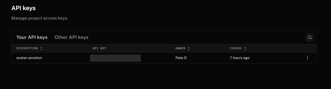 Settings > API keys, with the key hidden