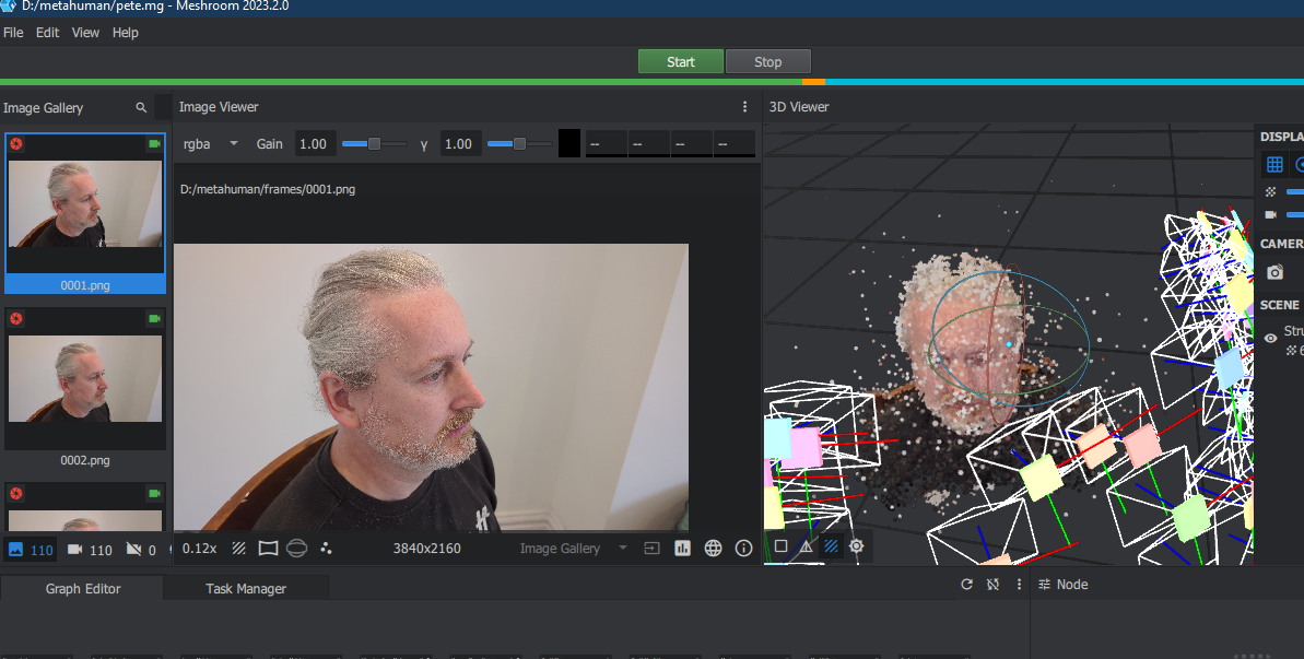 Meshroom: the video frames on the left, the reconstructed point cloud and camera positions on the right
