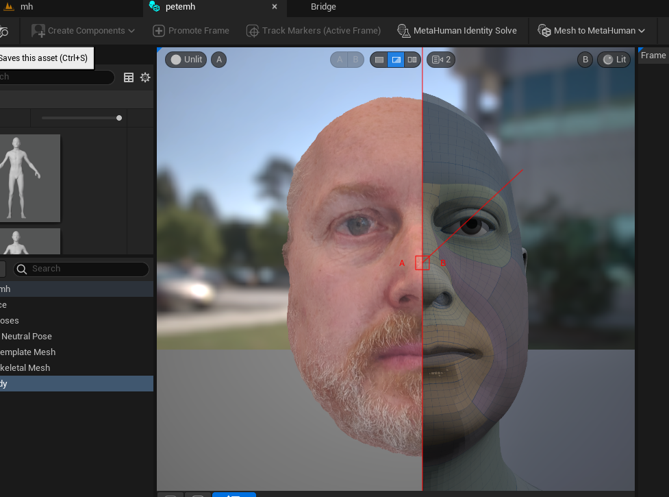MetaHuman Identity: the scan on the left, the fitted MetaHuman mesh on the right